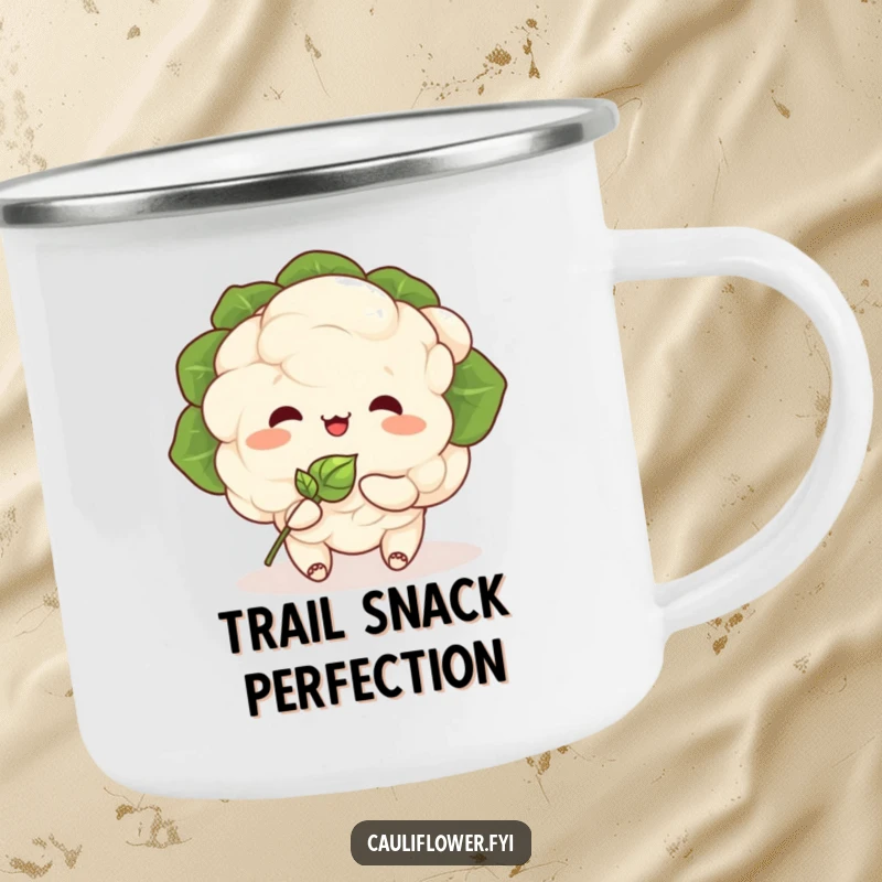 Funny Kawaii cauliflower character happily eating a sprout on a durable camping mug, ideal for outdoor adventures.