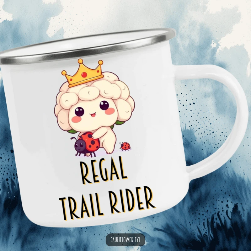 Funny Kawaii cauliflower character in a crown, riding a ladybug on a durable camping mug for royal outdoor trips.