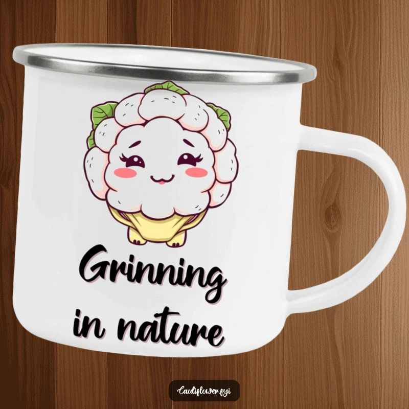 Funny kawaii cauliflower camping mug with a silly, lopsided grin and floppy leaves, humorous outdoor drinkware.