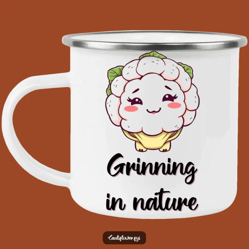 Funny Kawaii Cauliflower Camping Mug: Silly Grin Outdoor Humor
