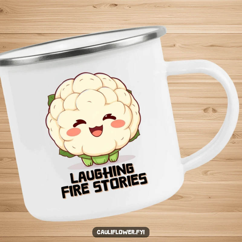 Funny camping mug with a kawaii cauliflower showing exaggerated laughter lines, perfect for outdoor fun and spreading infectious joy.