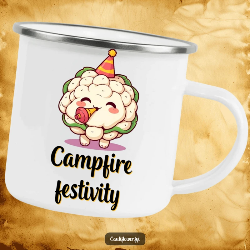 Funny camping mug with a kawaii cauliflower wearing a party hat and blowing a noisemaker in the wild.