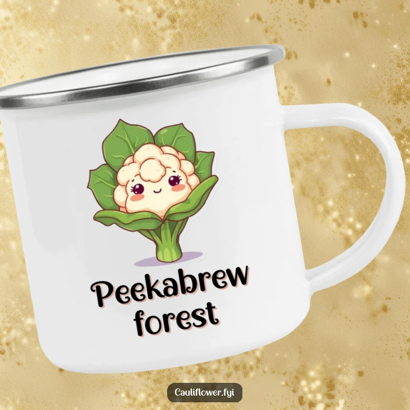 Funny camping mug with a kawaii cauliflower playfully peeking, perfect for outdoor enjoyment and adding playful, whimsical charm.