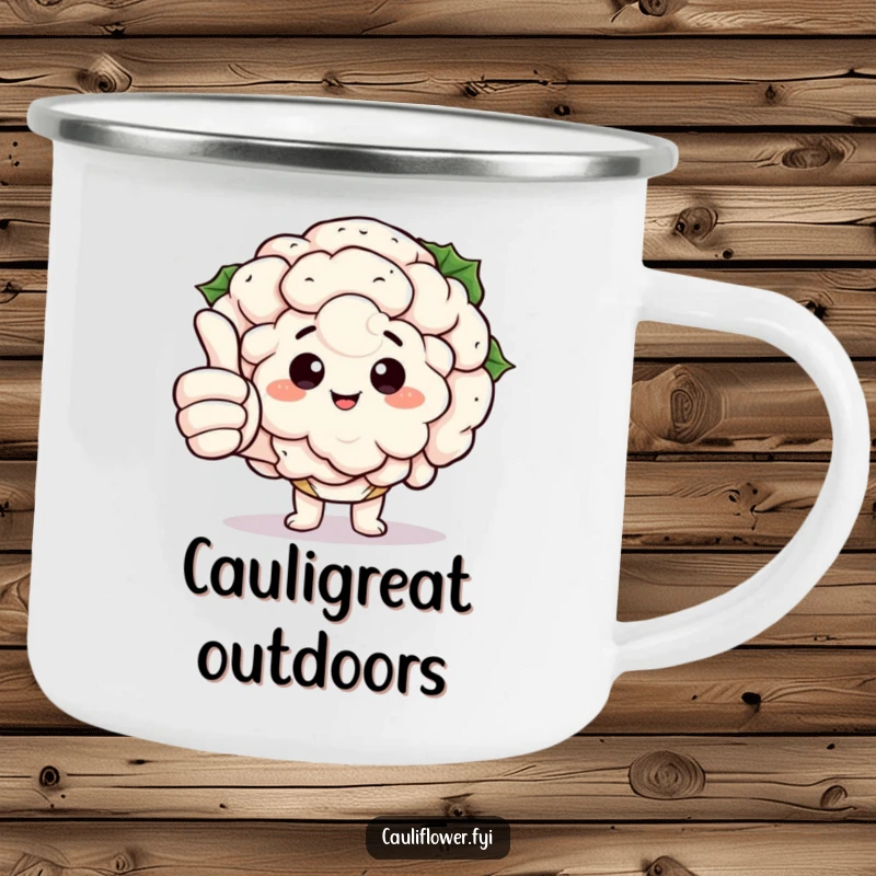 Funny Kawaii Cauliflower Camping Mug: An enamel mug with a cauliflower giving a big thumbs up with comically large fingers, perfect for humorous outdoor moments.
