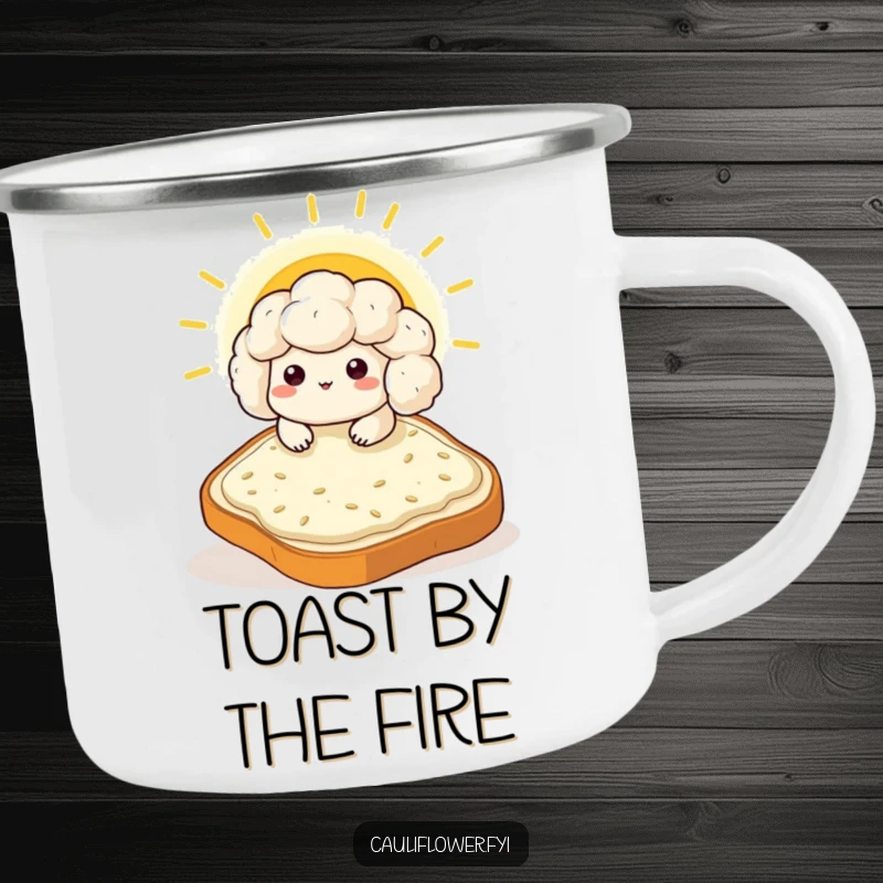Funny Kawaii cauliflower sunbathing on a giant toast slice, a rugged and humorous camping mug.