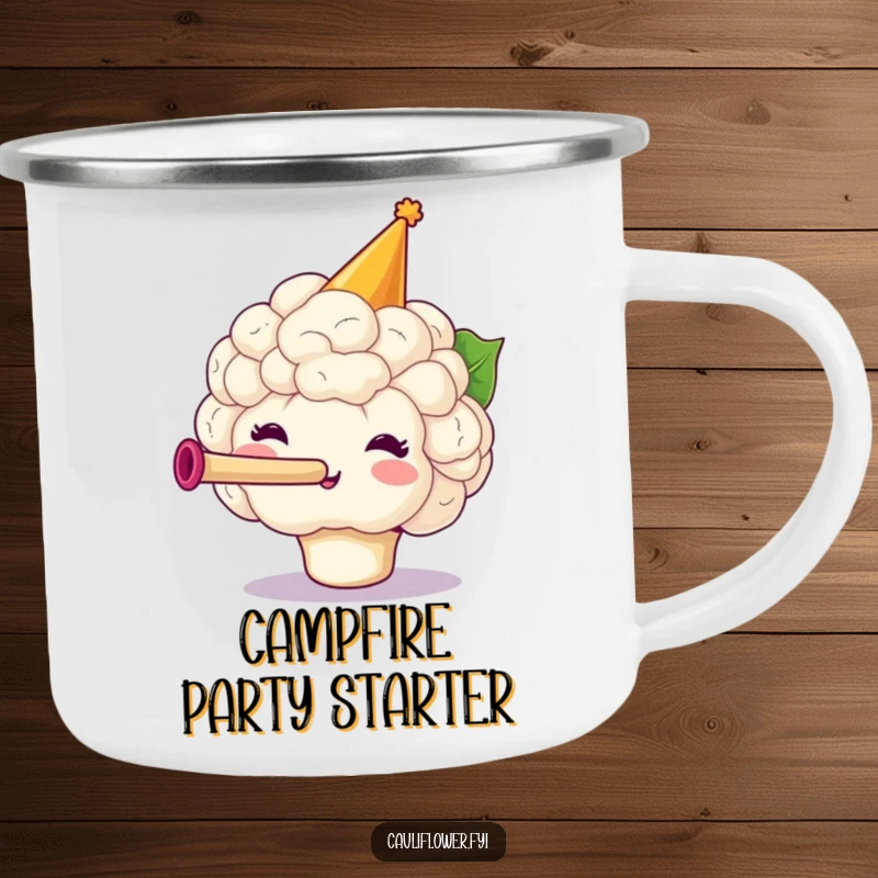 Funny Cauliflower Camping Mug showing a festive veggie wearing a party hat and blowing a horn, perfect for outdoor celebrations.