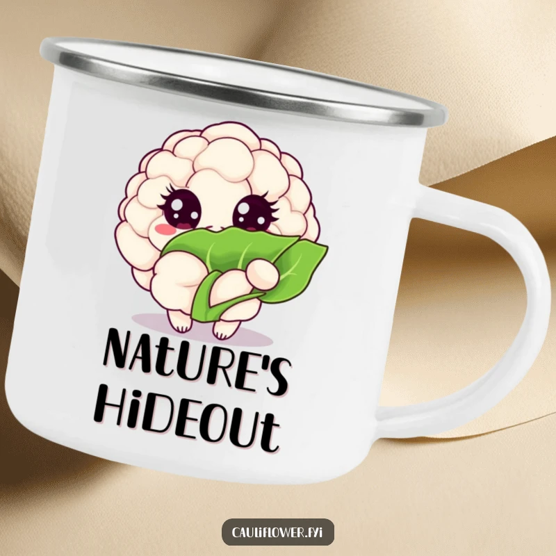 Funny Kawaii cauliflower camping mug features a veggie with sparkling eyes peeking from behind a leaf, perfect for outdoor enjoyment.