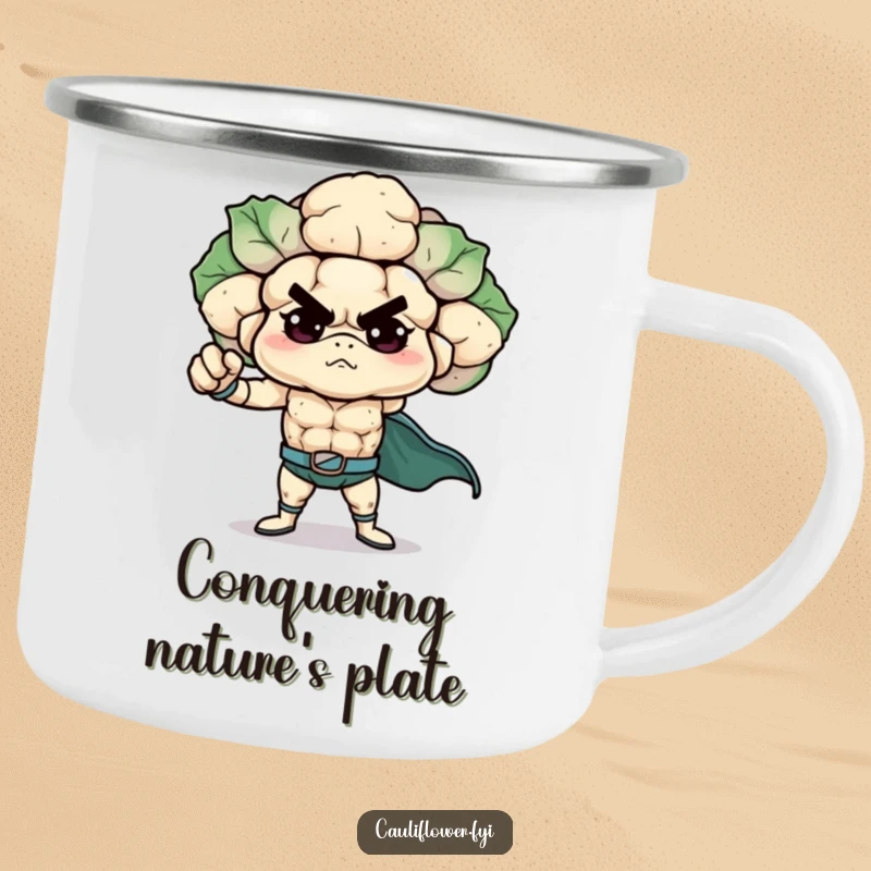 Funny Cauliflower Camping Mug featuring a determined veggie hero in a superhero pose, perfect for rugged adventures and humorous sipping.