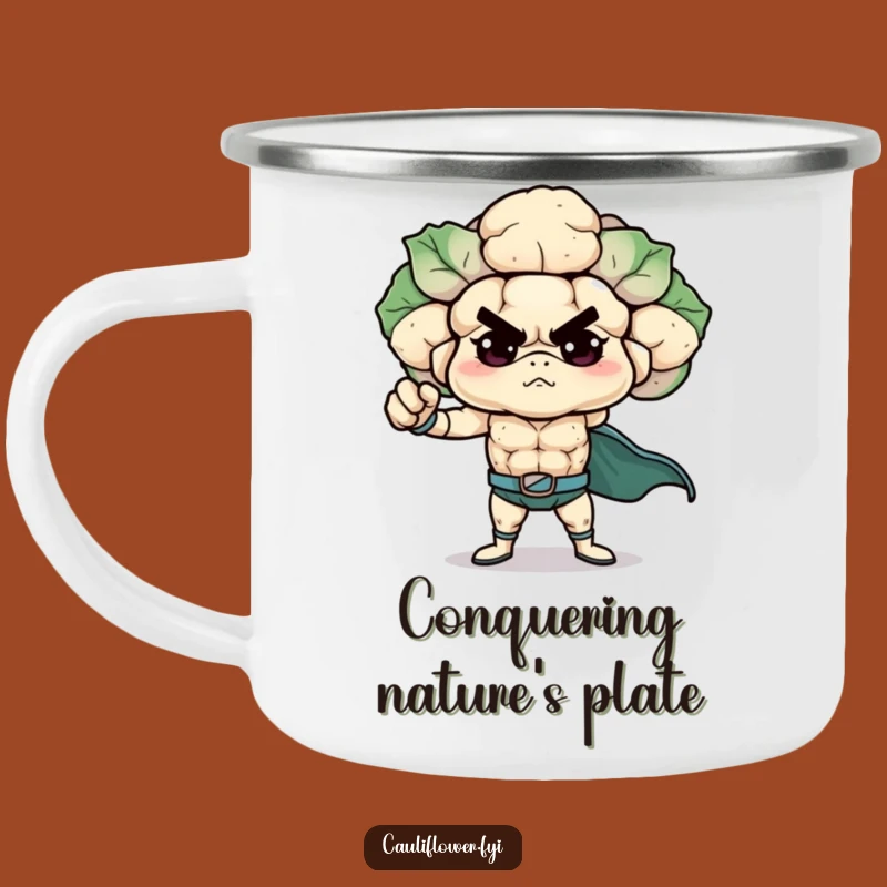 Funny Superhero Cauliflower Camping Mug, Rugged Veggie Hero Cup for a Hilarious Gift