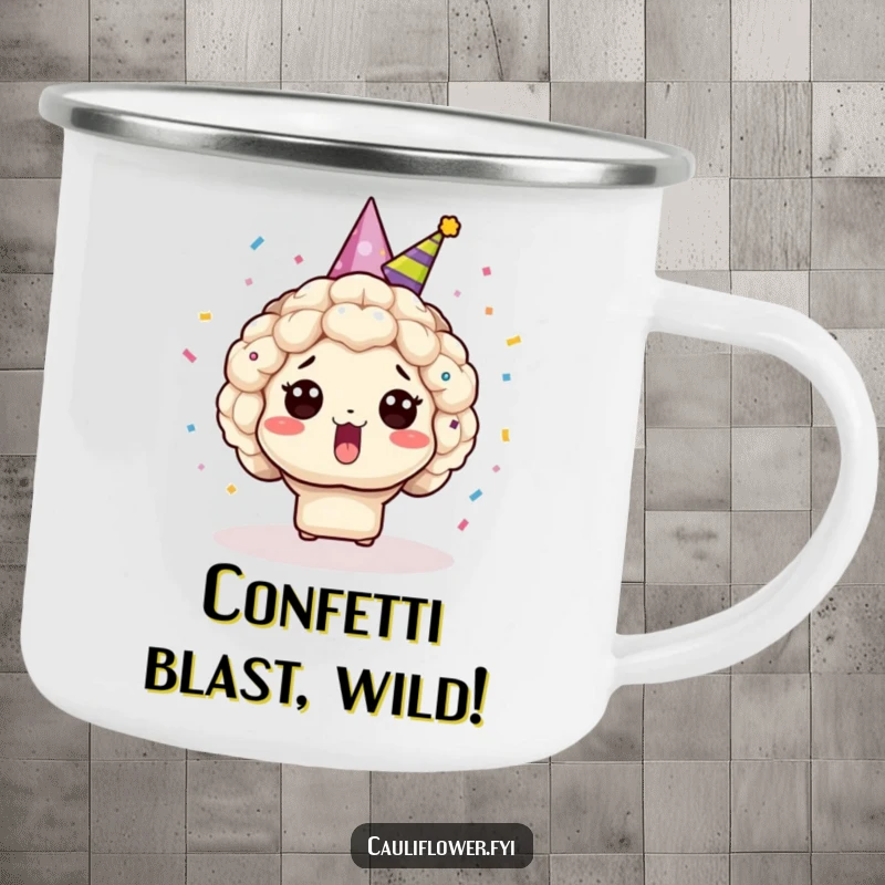Funny Kawaii cauliflower in a party hat, bursting with confetti, a rugged and humorous camping mug.