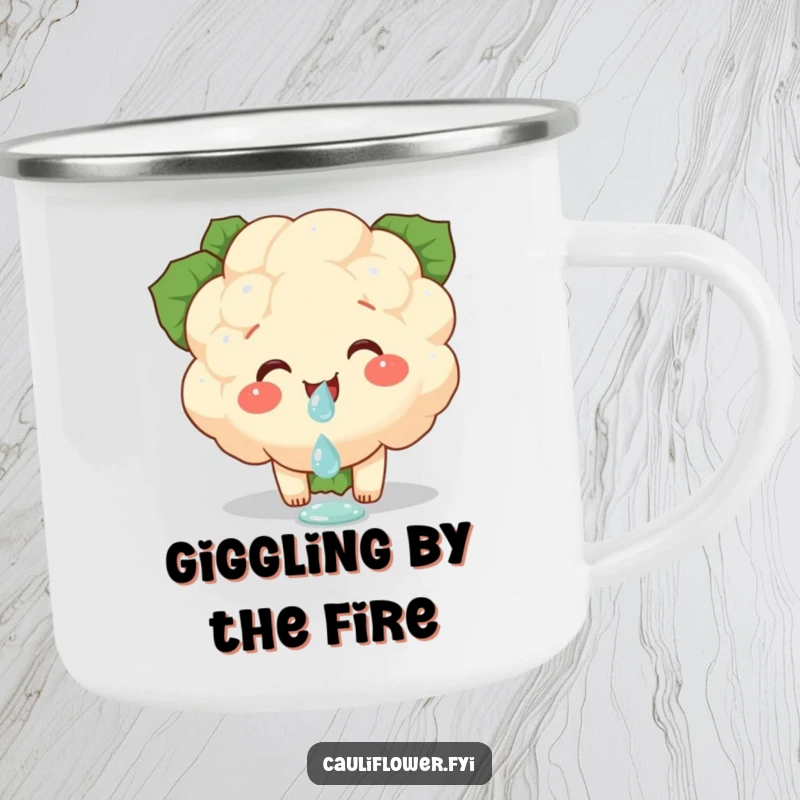 Funny camping mug with a giggling cauliflower piece balancing a dewdrop, designed for delicate outdoor enjoyment and humor.
