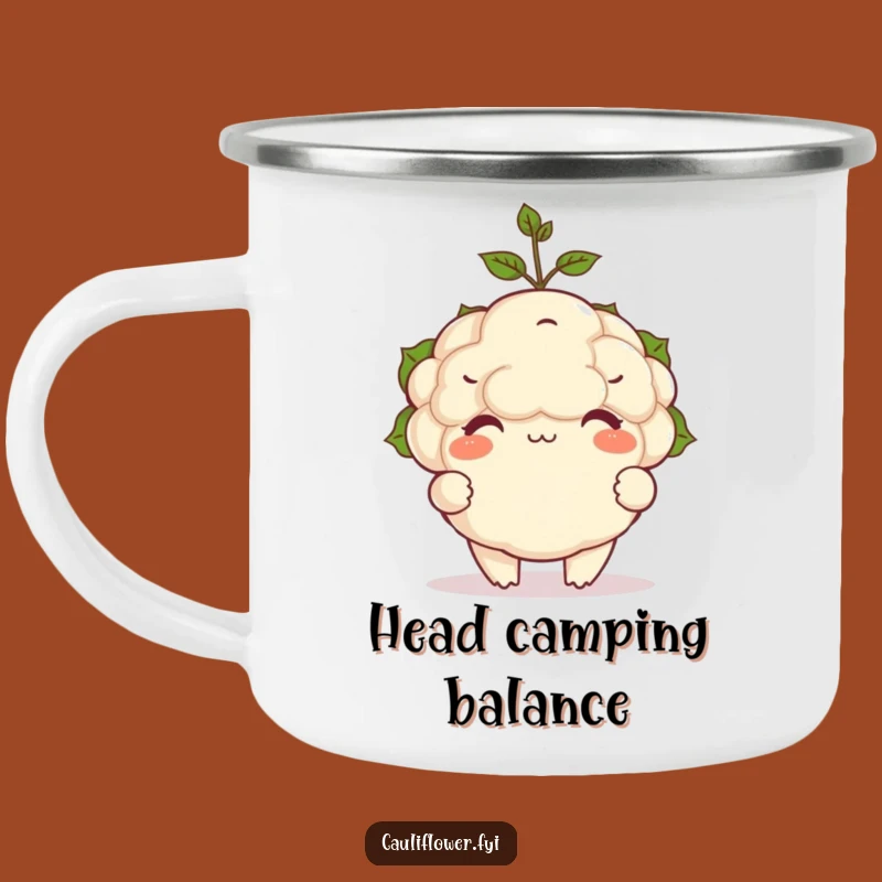 Funny Cauliflower Sprout Balance Camping Mug: Outdoor Fun with a Balancing Veggie