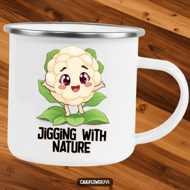 Funny camping mug of a cauliflower with excited eyes doing a jig on leaves, ideal for outdoor humor.