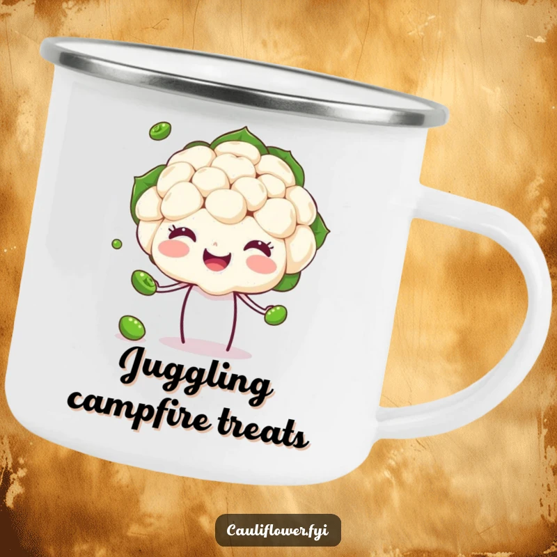 Funny Cauliflower Camping Mug showing a happy veggie head juggling peas, perfect for outdoor fun and humorous sipping.
