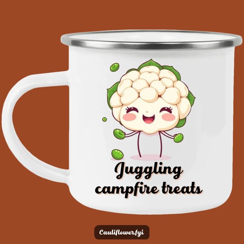 Funny Juggling Cauliflower Camping Mug, Cheerful Veggie Cup for a Hilarious Gift