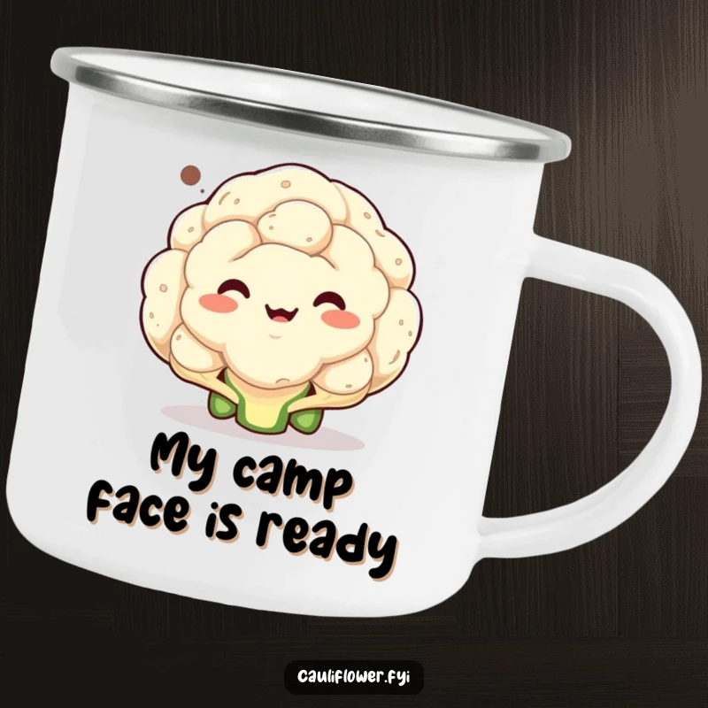 Funny camping mug with a cauliflower making a crazy face inside a speech bubble, perfect for outdoor laughs and warm drinks.