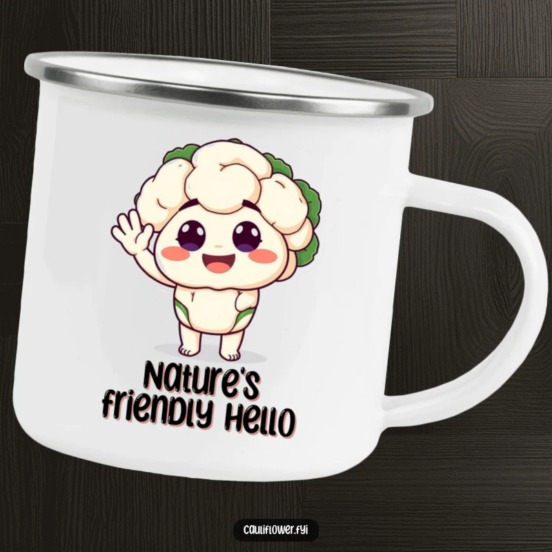 Funny enamel camping mug with a cauliflower character with big, happy eyes performing a silly wave, ideal for cheerful outdoor use.