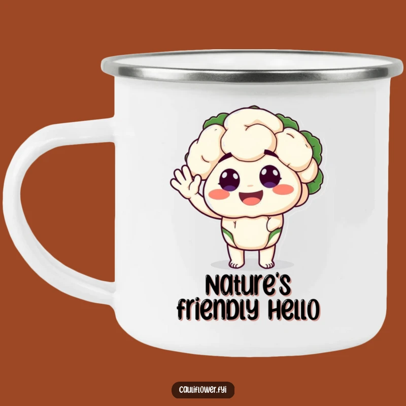 Funny Cauliflower Camping Mug: Happy Waving Veggie, Silly Eyes, Outdoor Gift