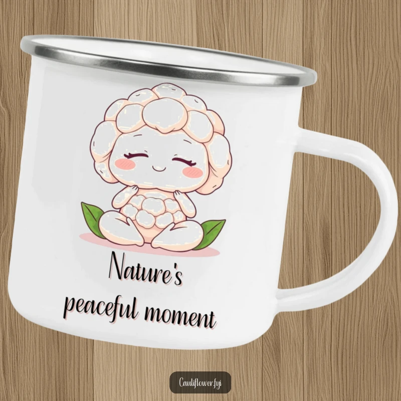 Funny cauliflower meditating peacefully with closed eyes, perfect for serene campsite coffee moments.