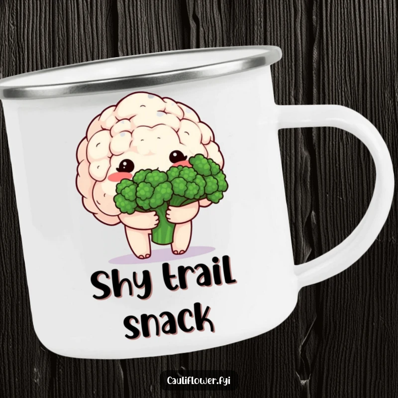 Funny camping mug with a shy, blushing kawaii cauliflower holding a bouquet of broccoli, ready for sweet outdoor cheer.