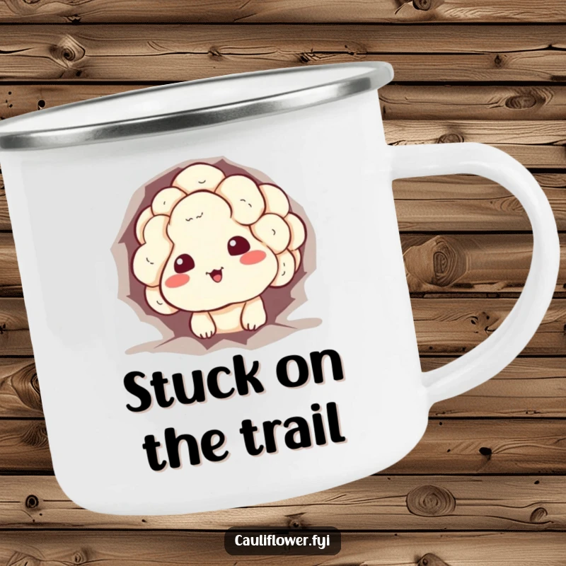 Funny cauliflower camping mug featuring a vegetable character stuck in a hole with a sheepish grin, ideal for outdoor coffee and humor.