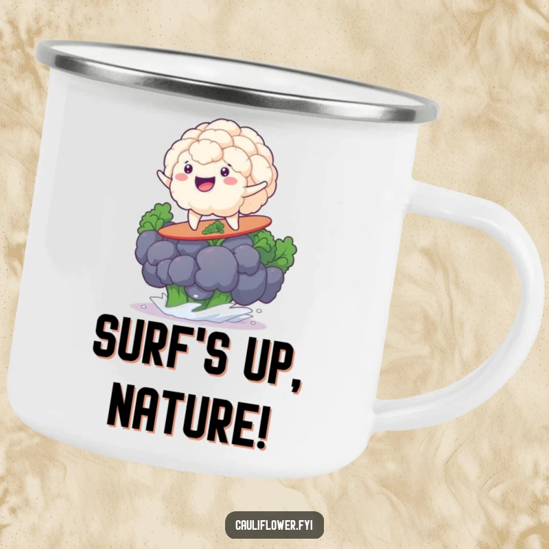 Funny cauliflower grinning on a broccoli floret surfboard, perfect for campsite coffee and beachy vibes.