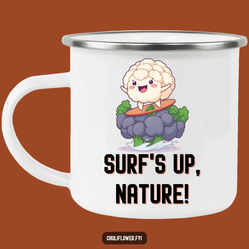 Funny Surfing Cauliflower Camping Mug: Coffee With A Veggie Surf Vibe!