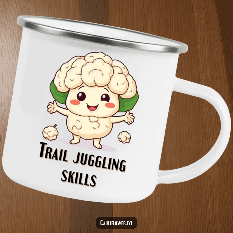 Smiling cauliflower character juggling three little florets on a camping mug, bringing outdoor skill, perfect funny gift.