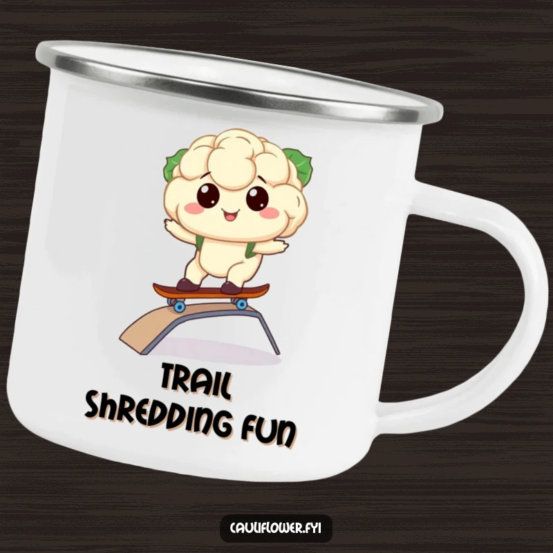 Funny camping mug with a kawaii cauliflower riding a skateboard down a ramp in an outdoor setting.