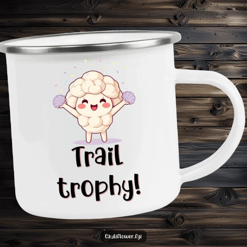 Funny Camping Mug with a kawaii cauliflower character cheering energetically, ready for outdoor fun and warm beverages.