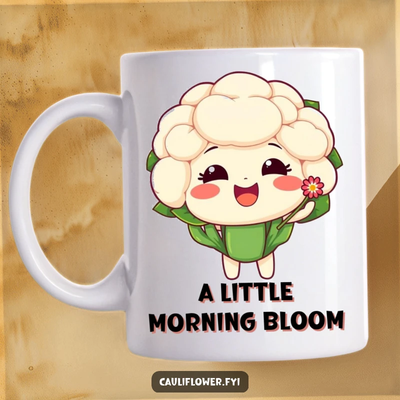 Funny mug showing a delighted cauliflower character gently offering a tiny, sparkling flower with a warm expression.