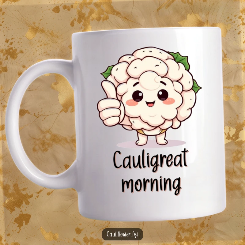 Funny Kawaii Cauliflower Mug: A cheerful cauliflower character giving a confident thumbs up with comically large, green-tipped fingers.