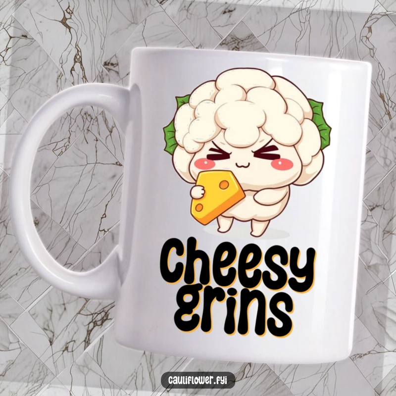 Funny Mug featuring a mischievous kawaii cauliflower character winking while holding a tempting slice of cheese.