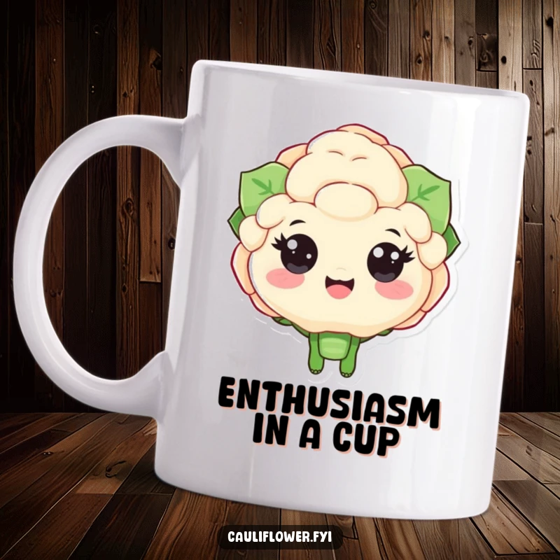 Funny mug featuring a cauliflower character with large, joyous eyes actively cheering, radiating contagious enthusiasm and positivity.