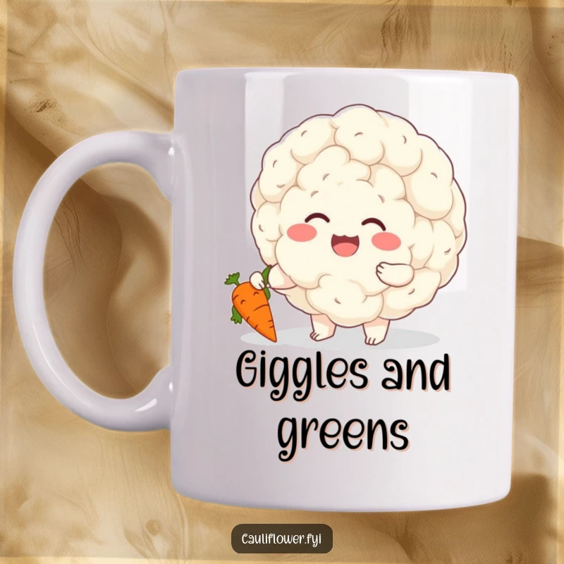 Funny mug showing a large, cheerful cauliflower character giggling while playfully tickling a smaller, happy carrot who is also giggling.