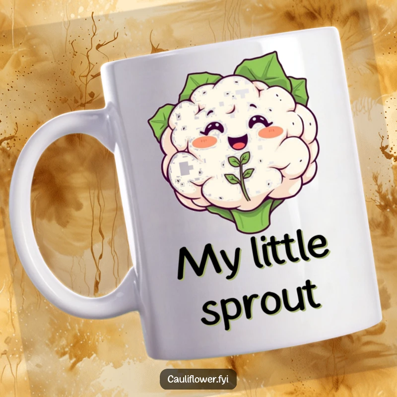 Funny mug depicting a large, joyful cauliflower smiling as a tiny, happy cauliflower seedling sprouts from its head, symbolizing new life.