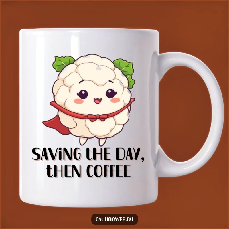 Funny Cauliflower Flying Hero Mug: Hilarious Veggie Superhero Gift