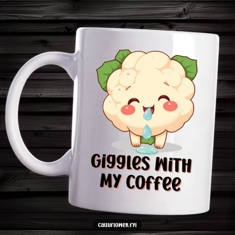 Funny mug featuring a cauliflower piece with a joyful giggle, precariously balancing a tiny dewdrop, embodying delicate amusement.