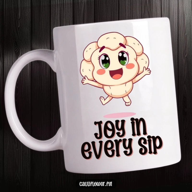 Happy cauliflower character with wide, excited eyes, jumping enthusiastically on a mug, radiating joy.