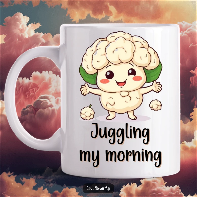 Smiling cauliflower character juggling three little florets, showcasing impressive skill and fun, perfect funny gift.