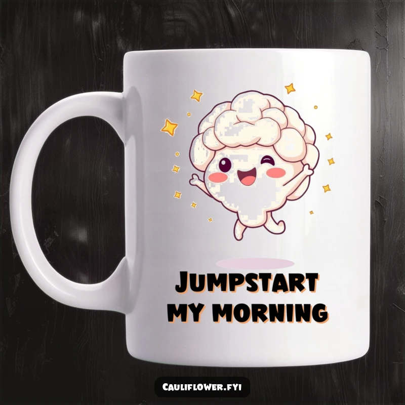 Funny mug depicting a cauliflower character in a joyful jump, surrounded by bursting little stars.