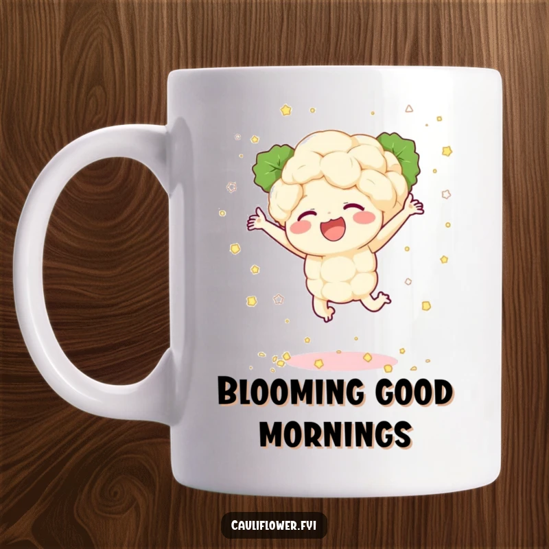 Funny mug featuring a cauliflower character leaping joyfully, scattering tiny florets like confetti, symbolizing happiness and celebration.