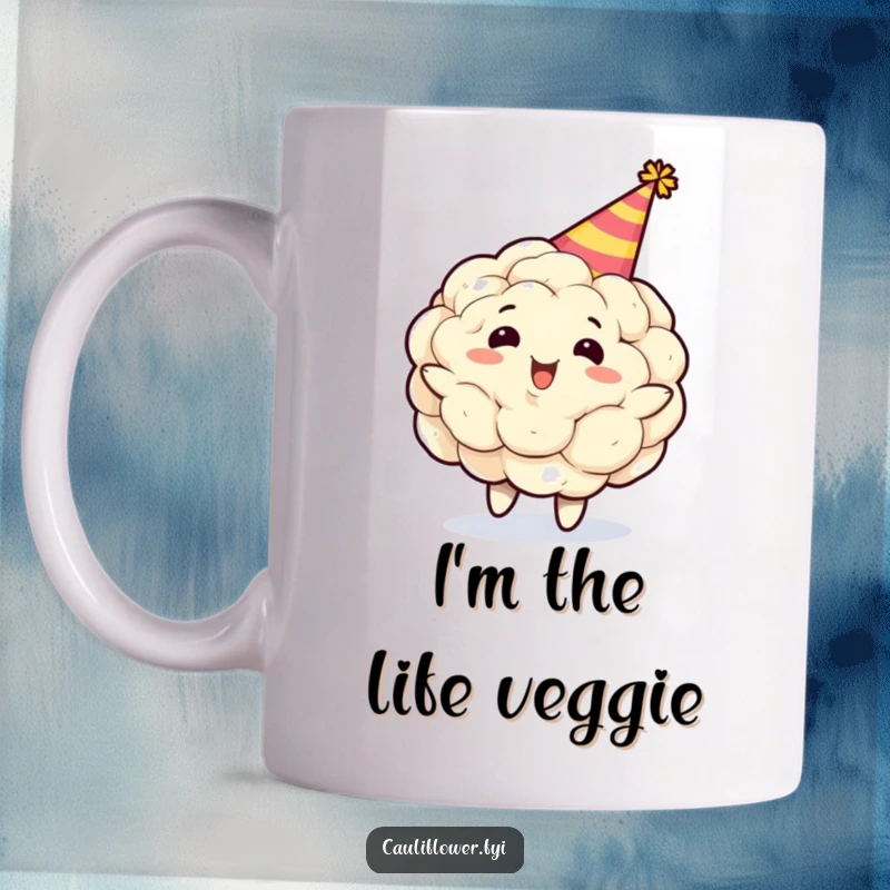Funny cauliflower character wearing a party hat, spinning gleefully around on a coffee mug, capturing pure, unadulterated joy and a love for celebrations.