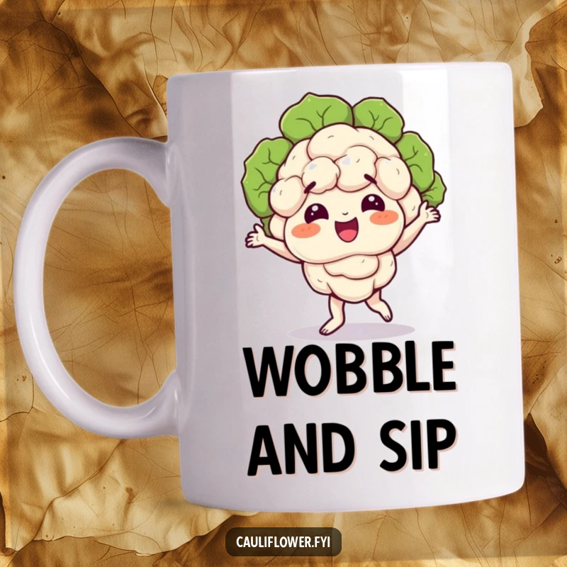 Funny mug featuring a cauliflower character performing a silly dance, its florets wobbling rhythmically with pure amusement.