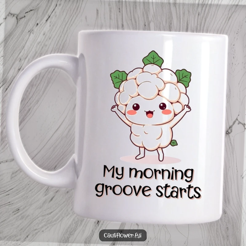 Funny Kawaii cauliflower character doing a silly, energetic dance with jiggly florets, bringing pure joy and laughter to a coffee mug.