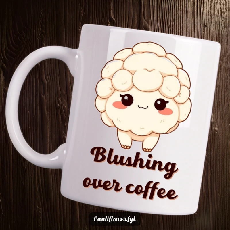 Funny mug featuring a shy kawaii cauliflower blushing with rosy cheeks, radiating sweet, bashful charm, a perfect funny gift.