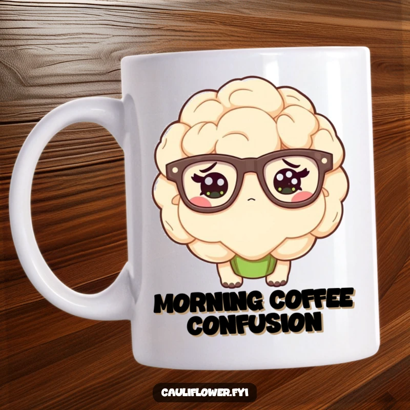 Funny kawaii cauliflower wearing oversized glasses and looking confused on a mug.
