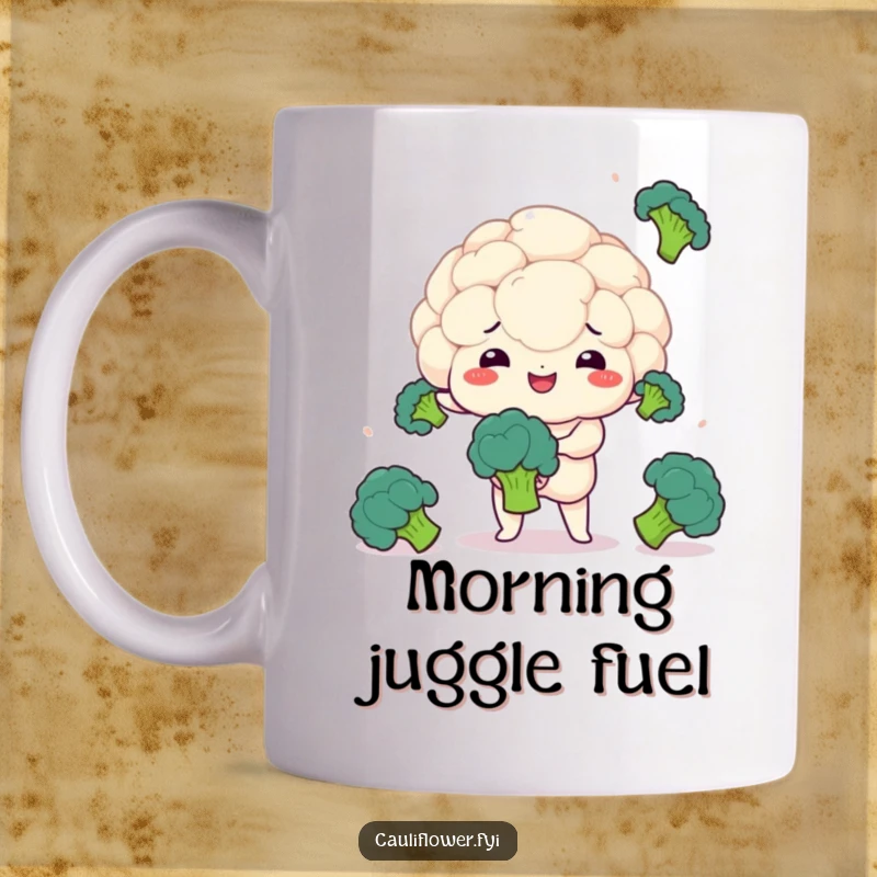 Funny mug featuring a kawaii cauliflower expertly juggling small broccoli florets with a smile.