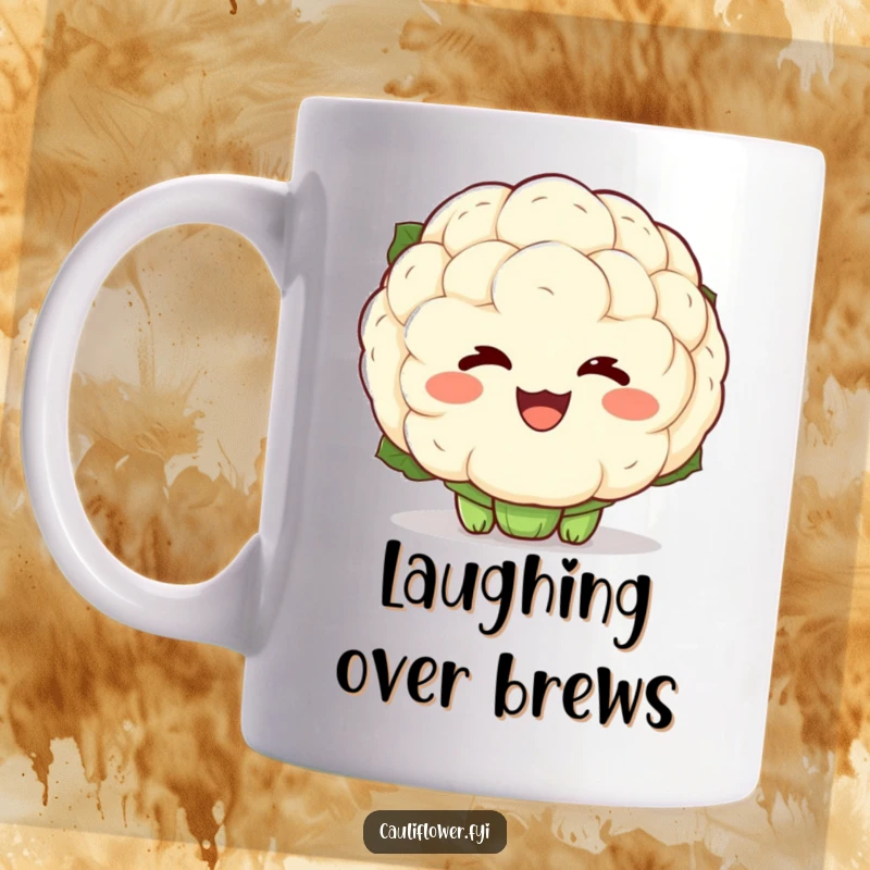 Funny mug featuring a kawaii cauliflower with exaggerated laughter lines around its eyes, radiating pure delight and joy.