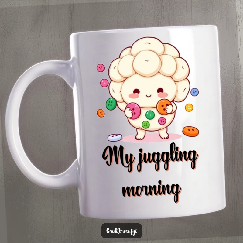 Funny Kawaii cauliflower character with a cheerful smile, skillfully juggling colorful buttons on a fun mug.